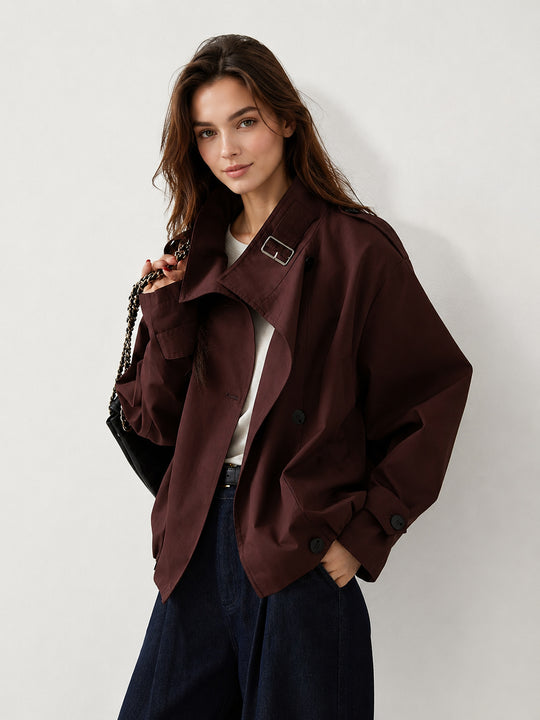 Oversize Kruvaze Kısa Trençkot - Bordo
