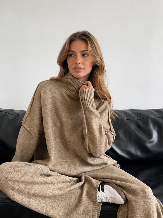 Boğazlı Oversize Triko Üst ve Pantolon Takımı - Camel