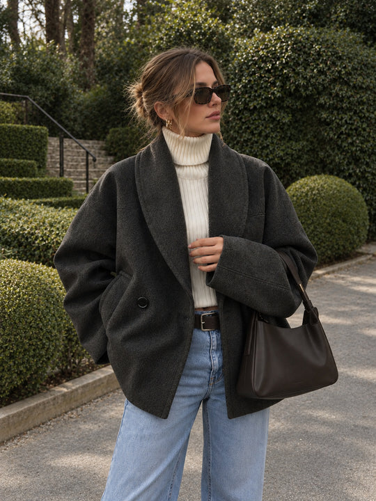 Şal Yaka Cepli Oversize Kaban - Gri