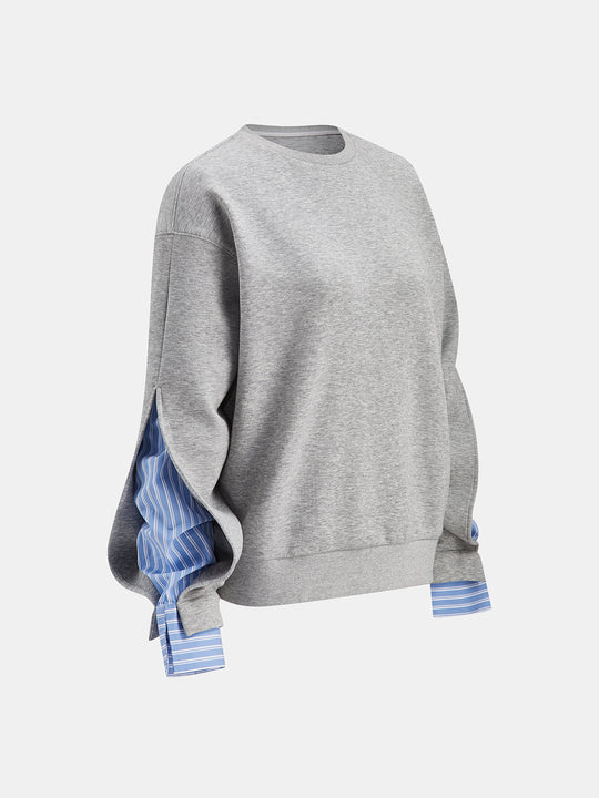 Çizgili Gömlek Panelli Bisiklet Yaka Sweatshirt - Açık Gri