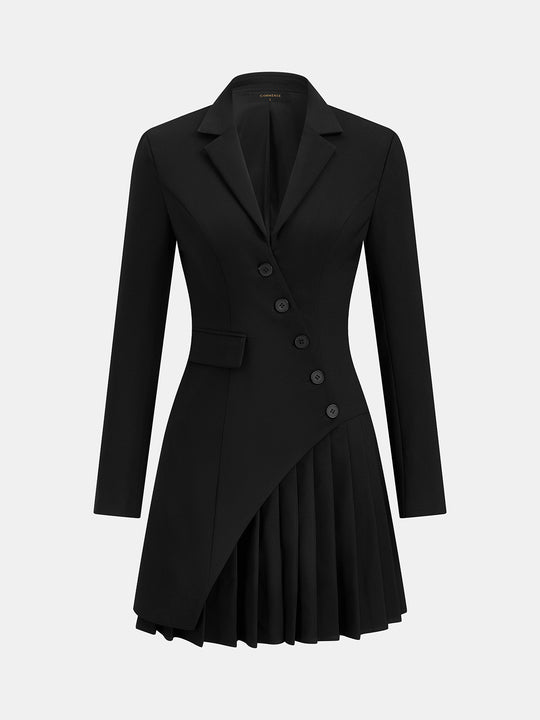 Asimetrik Düğmeli Pileli Blazer Mini Elbise - Siyah