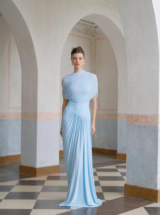 Catherine Asimetrik Pliseli Maksi Elbise - Bebe Mavisi