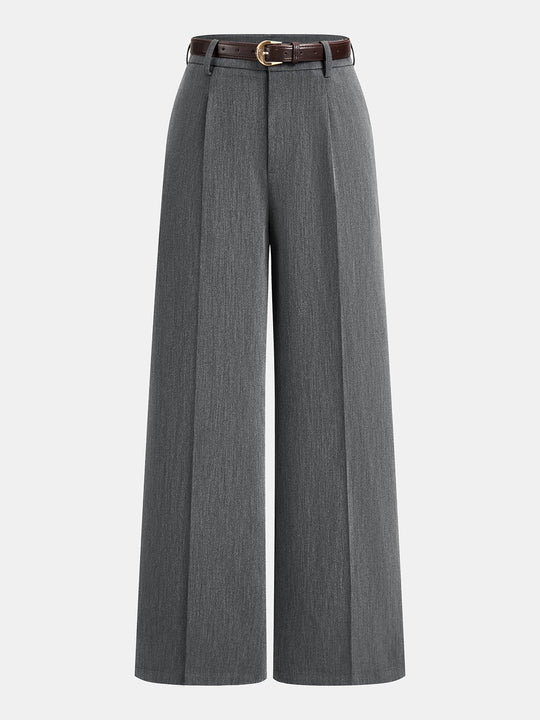 Pileli Kemerli Bol Paça Kumaş Pantolon - Gri