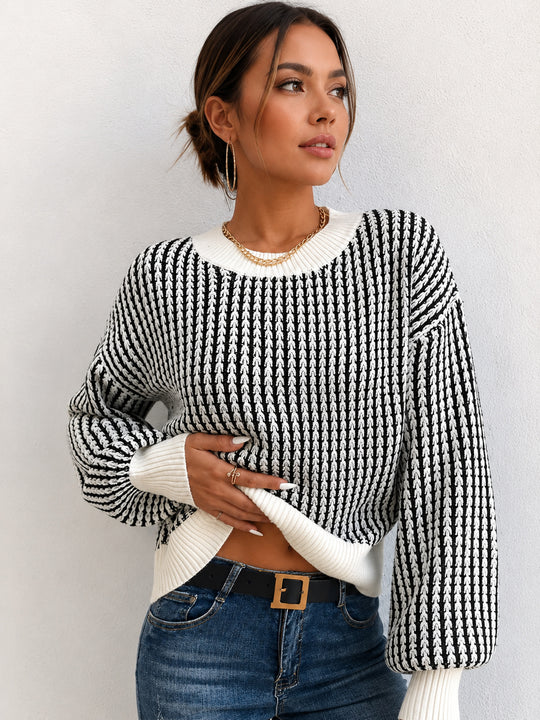 Renk Bloklu Çizgili Oversize Triko Kazak - Siyah