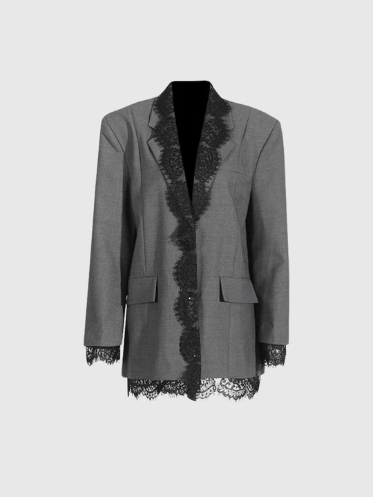 Gargi Dantel Detaylı V Yaka Blazer Ceket - Gri
