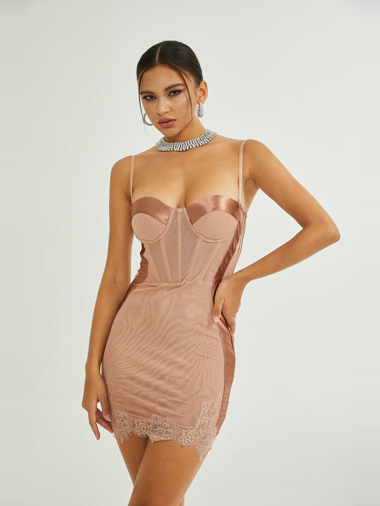 Coline Büstiyer Dantelli Mini Elbise - Pembe