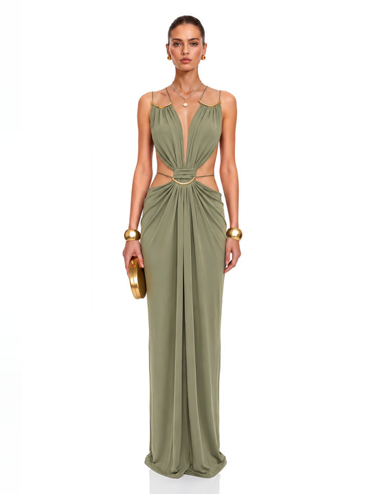 Sienna Halter Cut-Out Maksi Elbise - Fıstık Yeşili