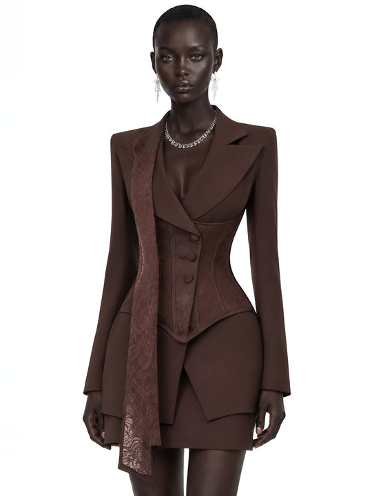 Sienna Dantel Panelli Blazer ve Mini Etek Takımı - Kahverengi