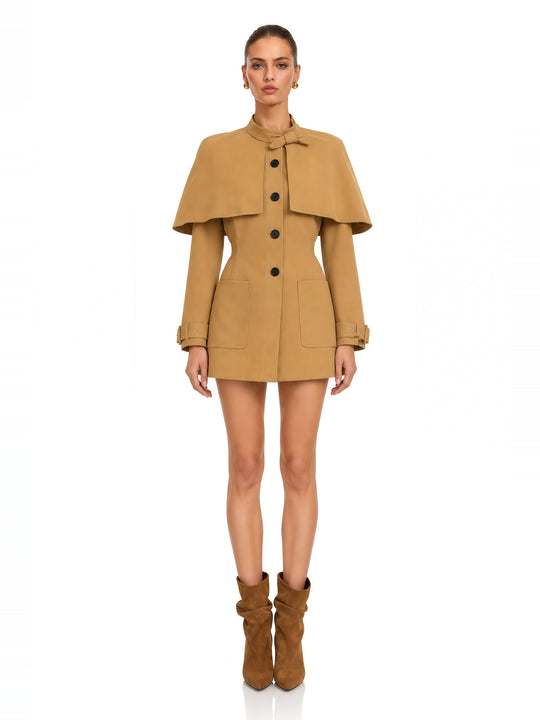 Azzurra Pelerin Detaylı Düğmeli Trençkot Mini Elbise - Camel
