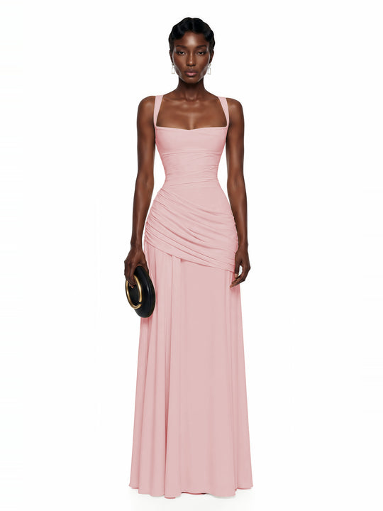 Sanne Büzgülü Korse Kare Yaka Maksi Elbise - Pembe