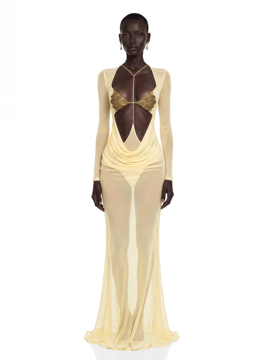 Cressida Cut-Out Halter Balık Etek Maksi Elbise - Sarı