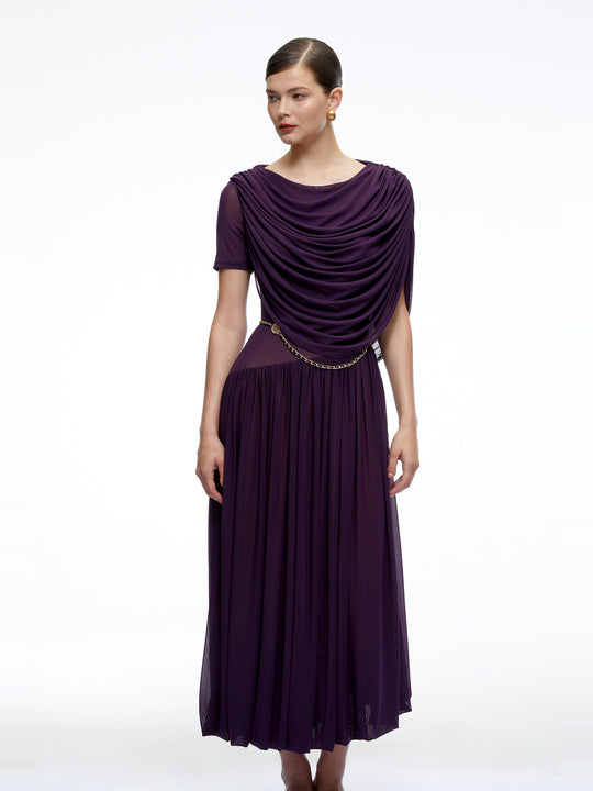 Lysiane Pileli Drape Yaka Midi Elbise - Mor