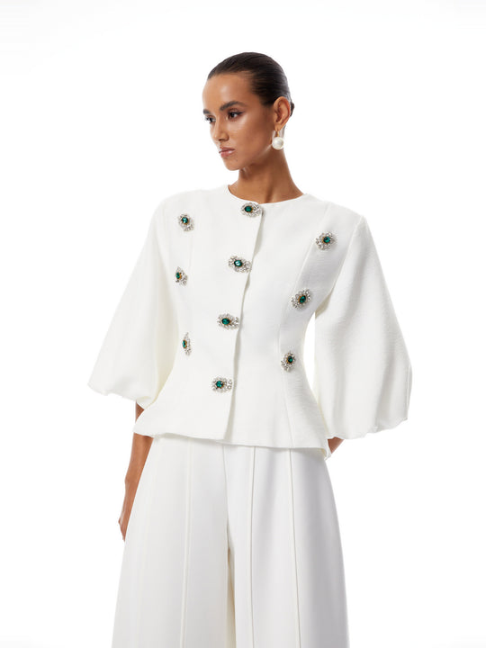 Bérénice Balon Kol Taşlı Peplum Ceket - Beyaz
