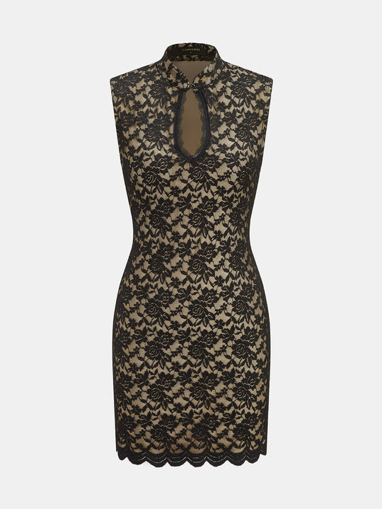 Damla Yakalı Dantel Bodycon Mini Elbise - Siyah - Siyah detay 1