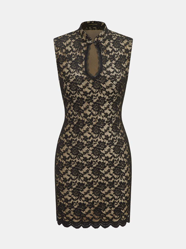 Damla Yakalı Dantel Bodycon Mini Elbise - Siyah - Siyah detay 1