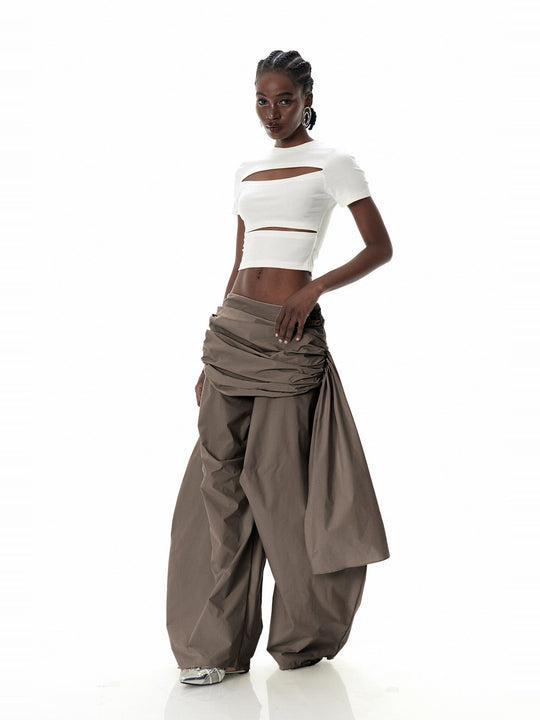 Creiddylad Büzgü Detaylı Bağcıklı Bol Paça Pantolon - Kahverengi - Kahverengi detay 1