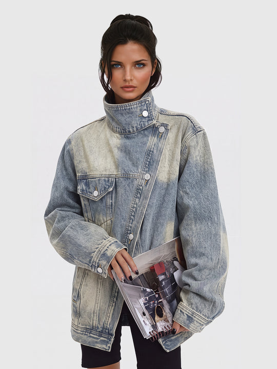Aegle Dik Yaka Asimetrik Kapamalı Oversize Denim Ceket - Açık Mavi - Açık Mavi detay 1