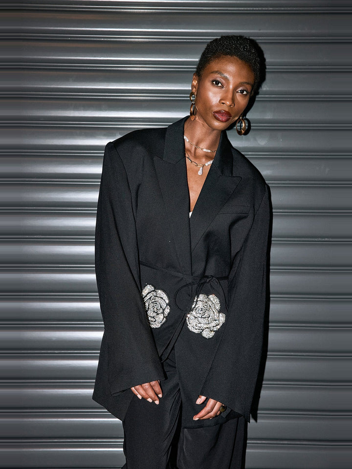 Jiya Taş İşlemeli Kuşaklı Oversize Blazer Ceket - Siyah - Siyah detay 1