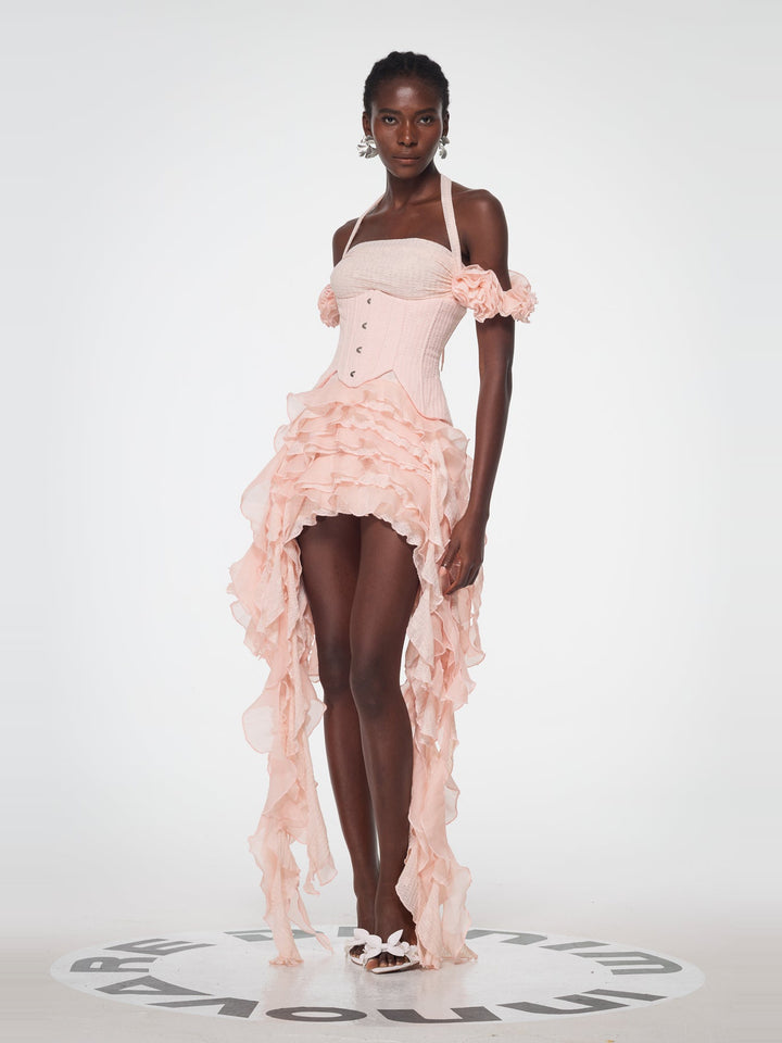 Baha Halter Yaka Korse Fırfır Detaylı Mini Elbise - Pembe - Pembe detay 1