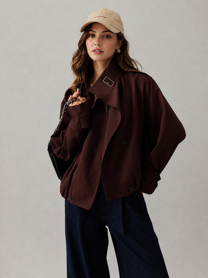 Oversize Kruvaze Kısa Trençkot - Bordo detay 1