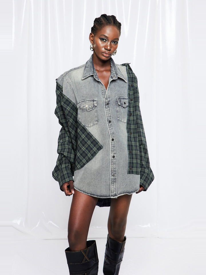 Friedrich Ekose Panelli Oversize Denim Ceket - Gri - Gri detay 1