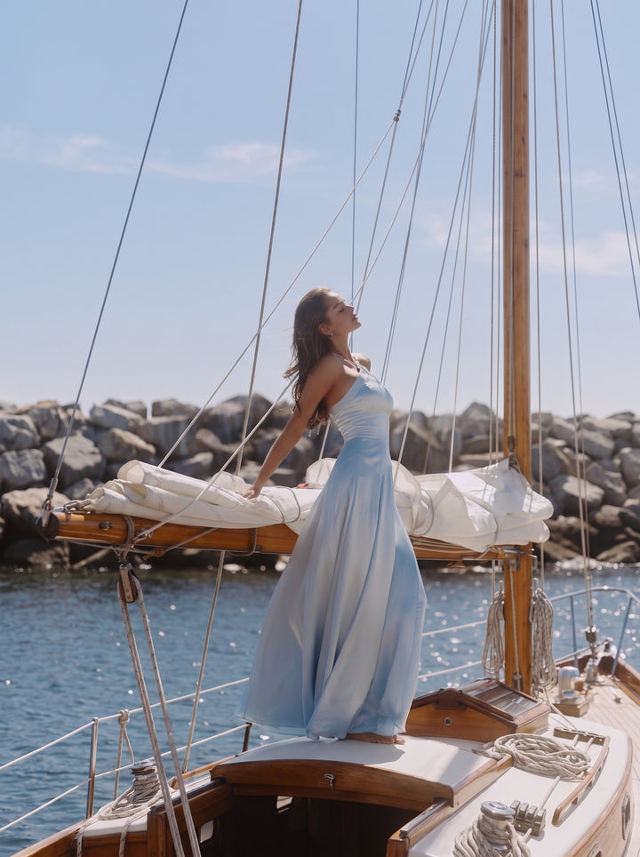 Avelina Halter Saten Maksi Elbise - Mavi - Mavi detay 1