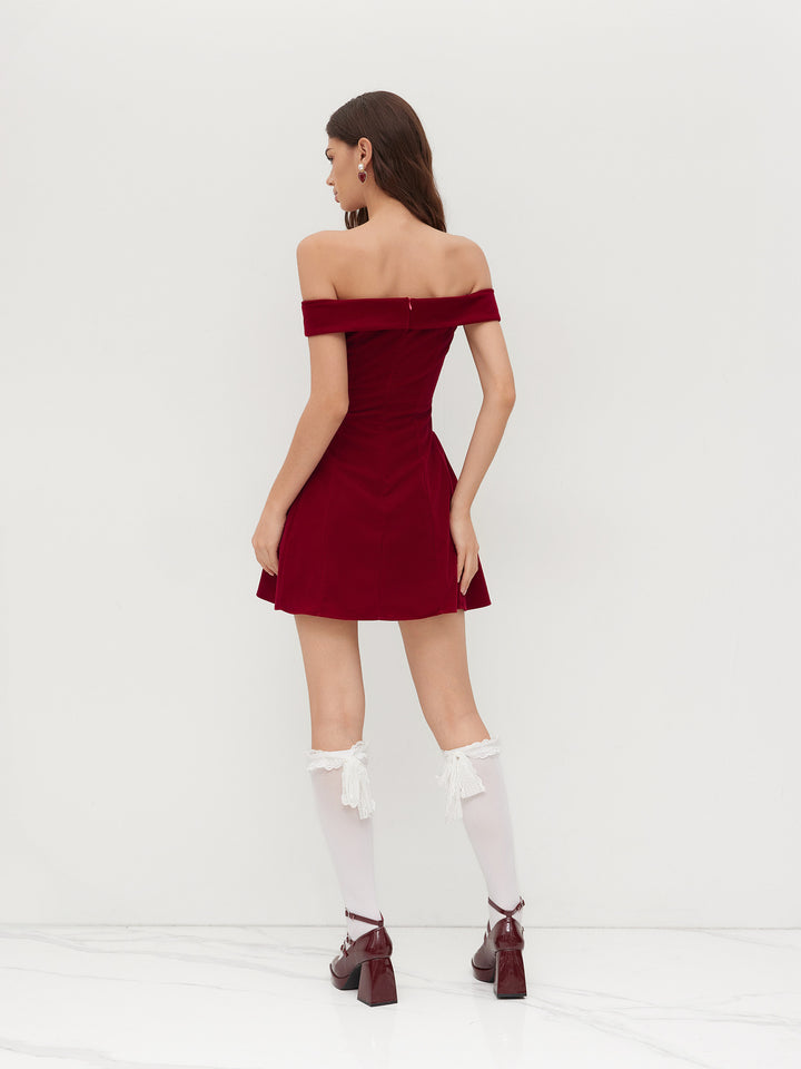 Kadife Omuz Dekolteli Kloş Mini Elbise - Bordo - Bordo detay 1
