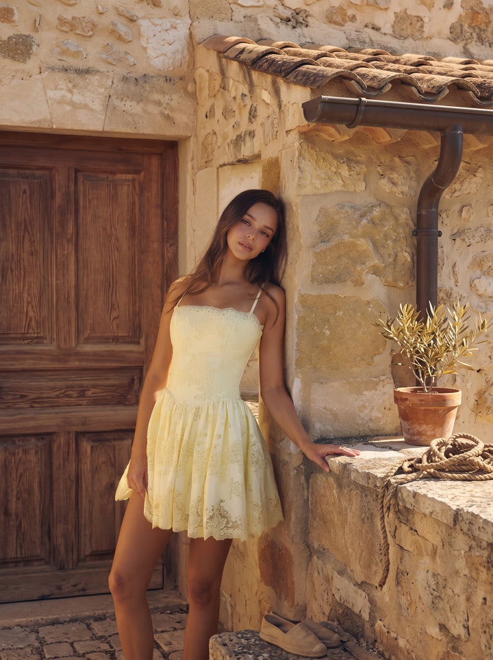 Chloe Brode Dantel Kare Yaka Mini Elbise - Limon Sarısı - Limon Sarısı detay 1