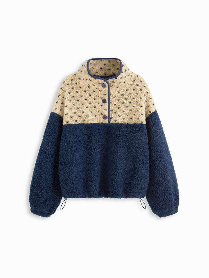 Peluş Polar Dik Yaka Desenli Oversize Sweatshirt - Mavi detay 1
