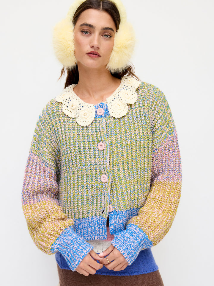 Colorblock Yuvarlak Yaka Oversize Triko Hırka - Yeşil - Yeşil Çok Renkli detay 1