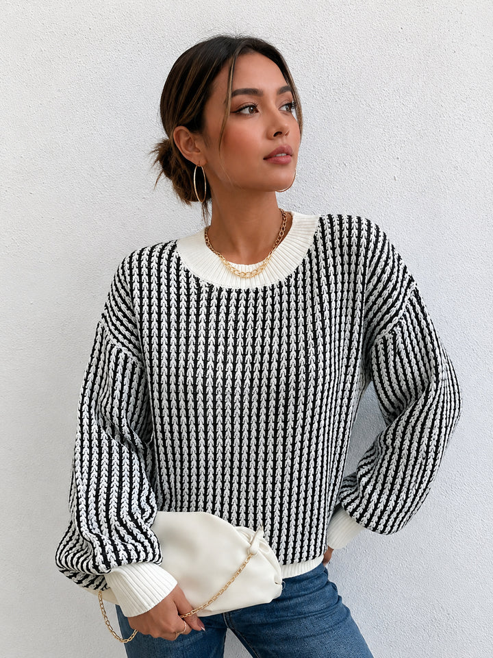 Renk Bloklu Çizgili Oversize Triko Kazak - Siyah - Siyah detay 1