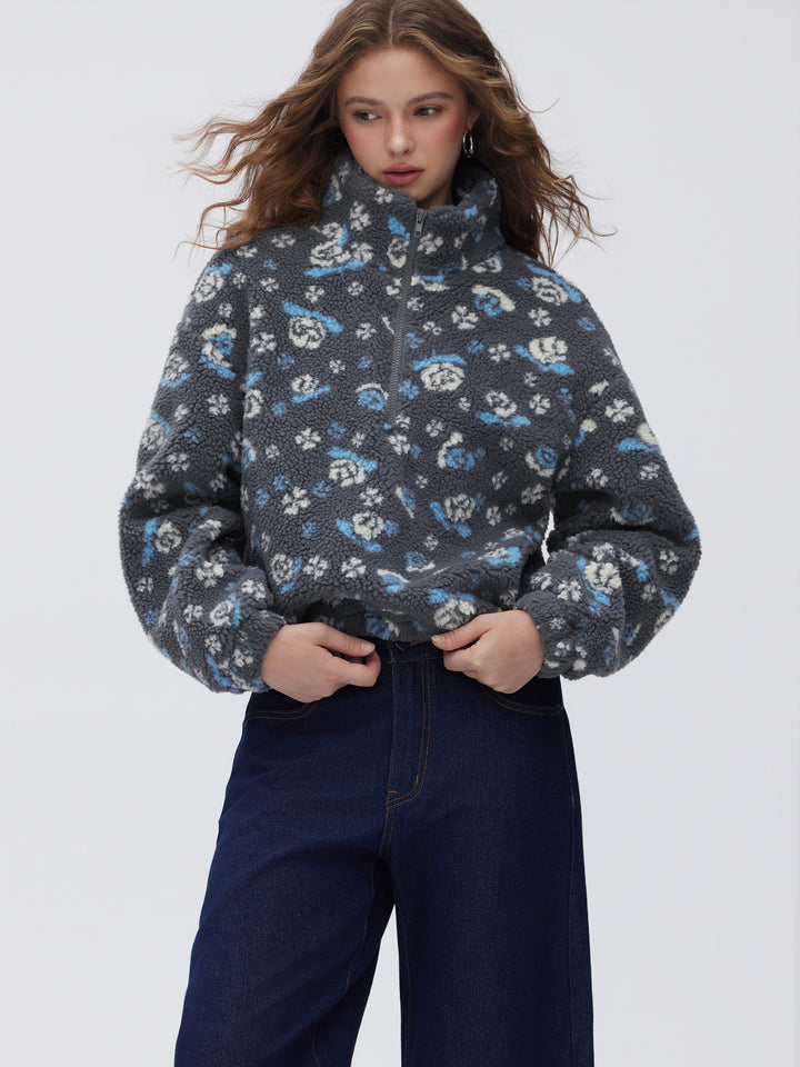 Polar Çiçek Desenli Dik Yaka Oversize Sweatshirt - Gri - Gri detay 1