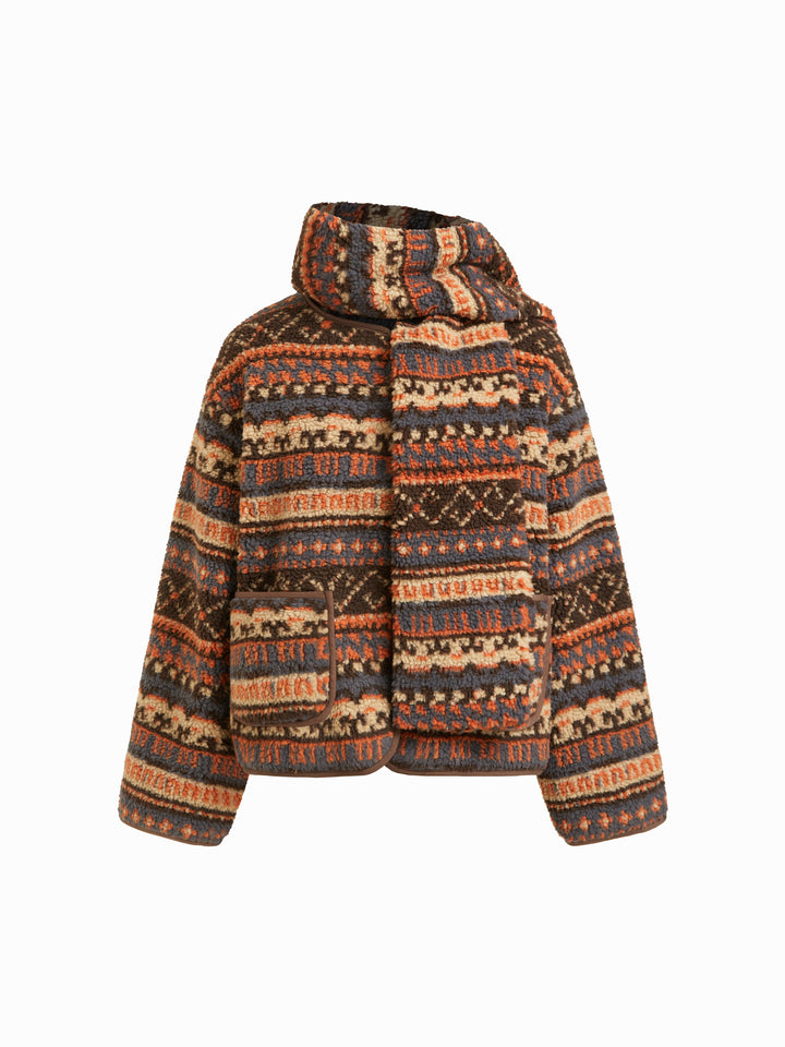 Şal Detaylı Etnik Desenli Oversize Polar Ceket - Kahverengi - Kahverengi detay 1