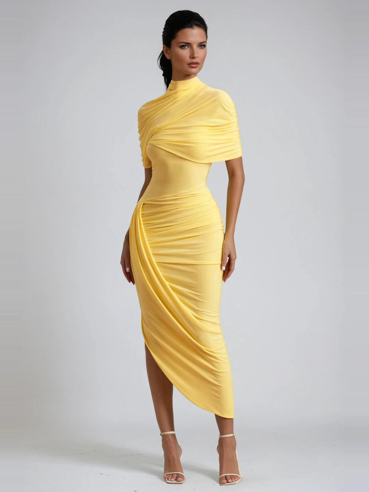 Dominika Dik Yaka Drapeli Şal Bodycon Midi Elbise - Limon Sarısı - Limon Sarısı detay 1