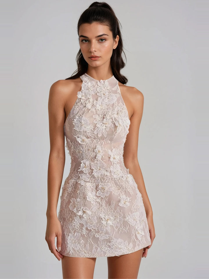 Filippa Halter Yaka Üç Boyutlu Çiçek Dantel Mini Elbise - Kayısı - Kayısı detay 1