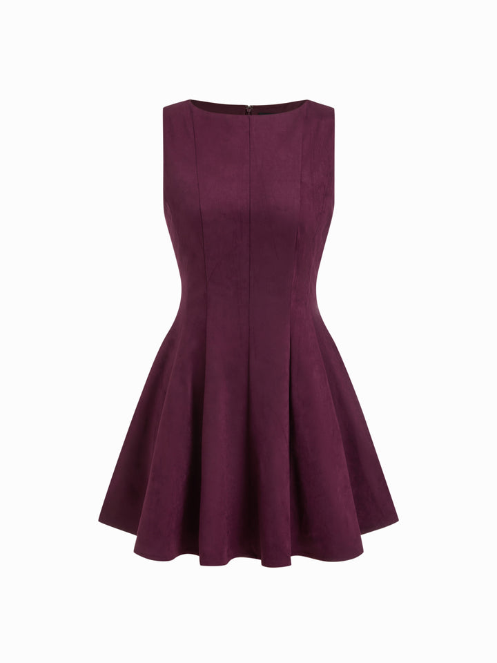 Süet Görünümlü Kayık Yaka Kloş Mini Elbise - Bordo - Bordo detay 1