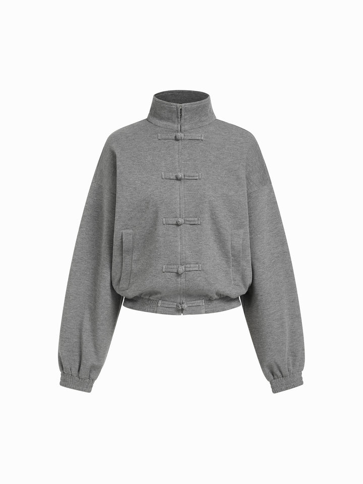 Boğum Düğmeli Dik Yaka Oversize Sweat Ceket - Gri detay 1
