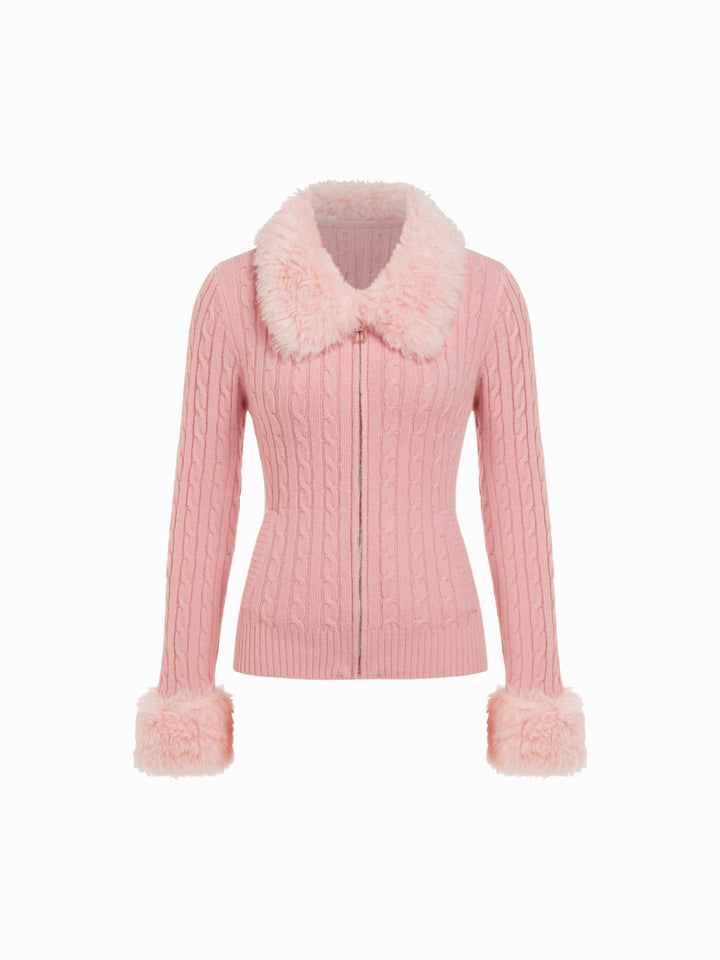 Suni Kürk Yakalı Saç Örgü Fermuarlı Hırka - Pembe - Pembe detay 1