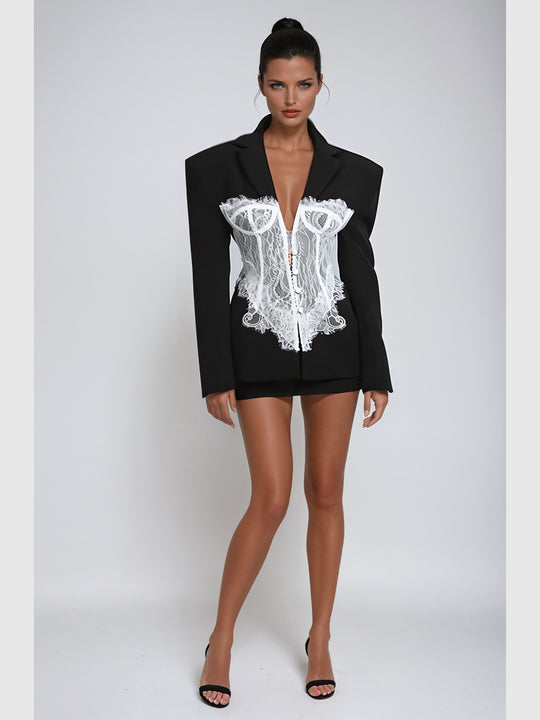 Adsila Dantel Korse Detaylı Oversize Blazer Ceket - Siyah - Siyah detay 1