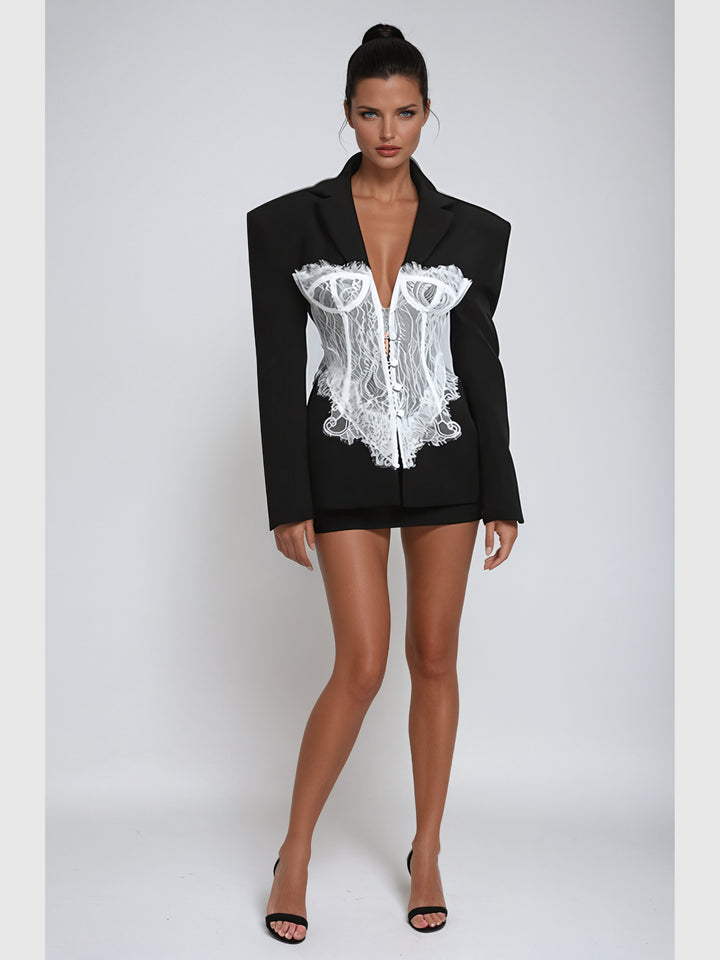 Adsila Dantel Korse Detaylı Oversize Blazer Ceket - Siyah - Siyah detay 1