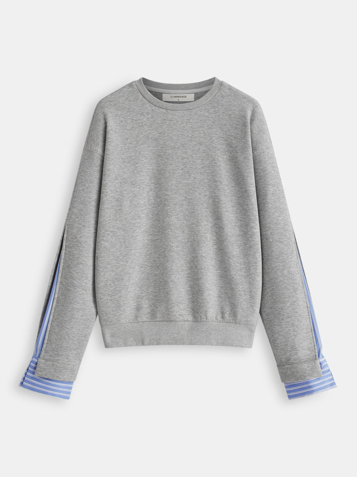 Çizgili Gömlek Panelli Bisiklet Yaka Sweatshirt - Açık Gri - Açık Gri detay 1