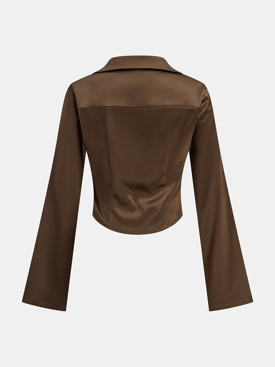Drape Yakalı Gömlek Formlu Saten Bluz - Koyu Kahve detay 1