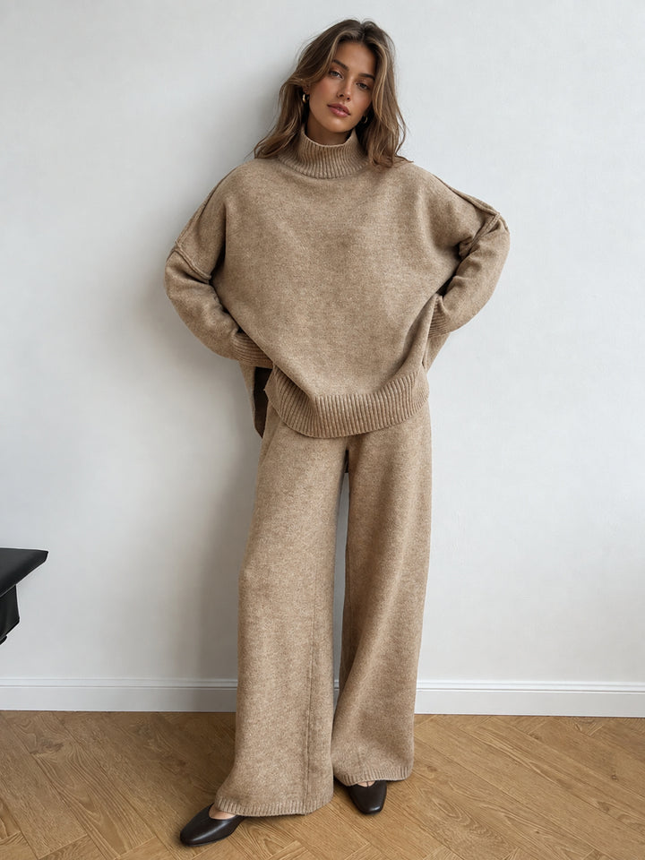 Boğazlı Oversize Triko Üst ve Pantolon Takımı - Camel detay 1