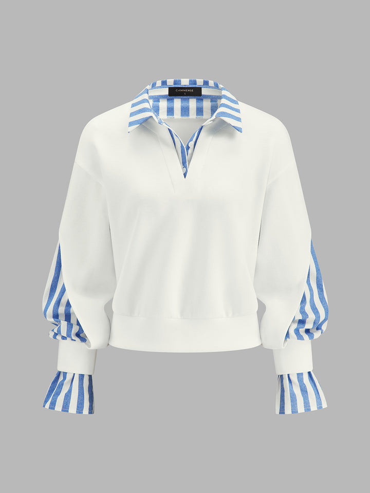 Çizgili Parçalı Gömlek Detaylı Sweatshirt - Kırık Beyaz detay 1