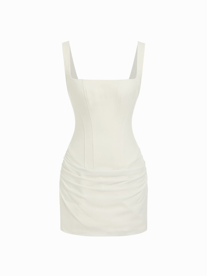 Kare Yaka Korse Dikişli Drapeli Bodycon Mini Elbise - Krem detay 1