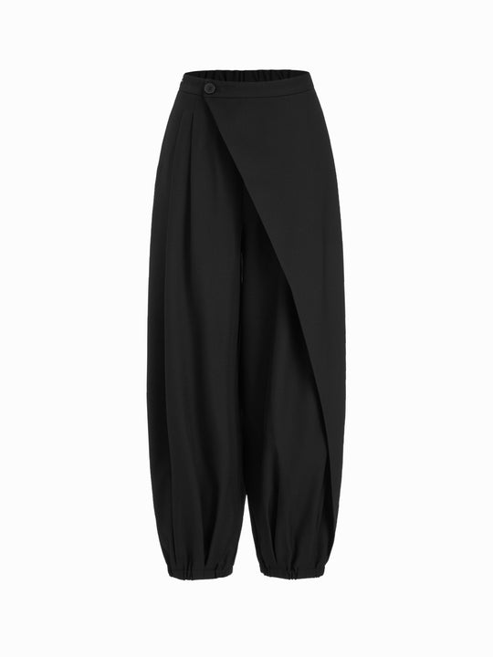 Asimetrik Kruvaze Pileli Balon Jogger Pantolon - Siyah - Siyah detay 1