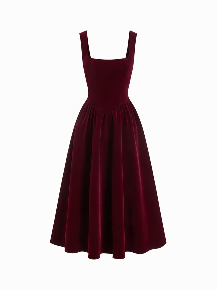 Kadife Kare Yaka Korse Detaylı Kloş Midi Elbise - Bordo - Bordo detay 1