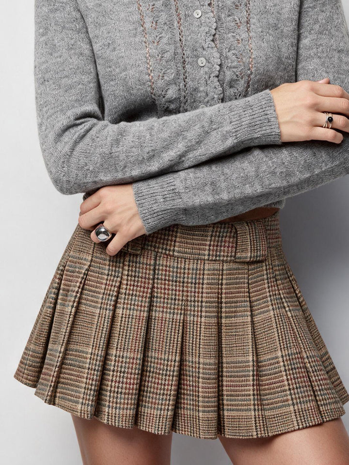 Tweed Kazayağı Desenli Pileli Mini Etek - Camel - Camel detay 1