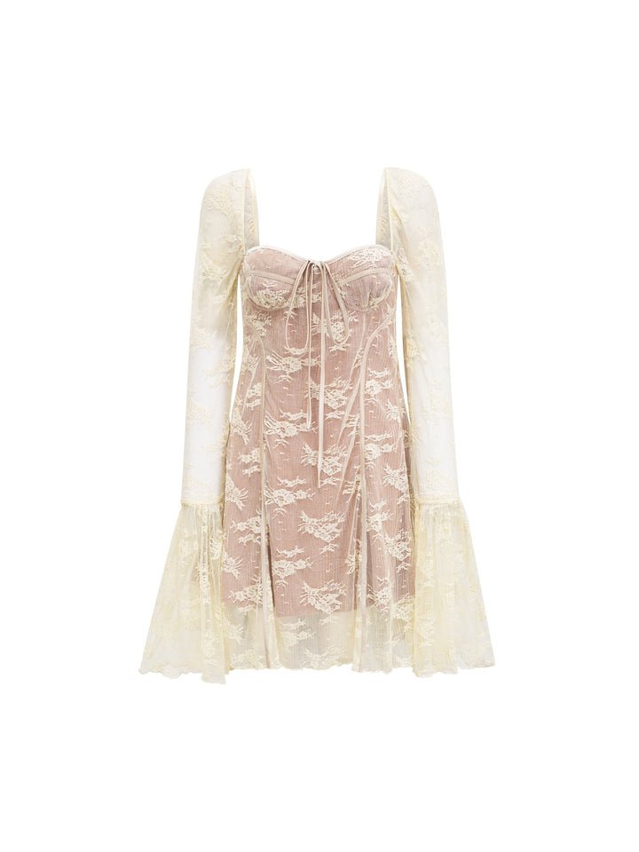 Cyrielle Dantel Uzun Kol Kare Yaka Mini Elbise - Siyah - Siyah detay 1