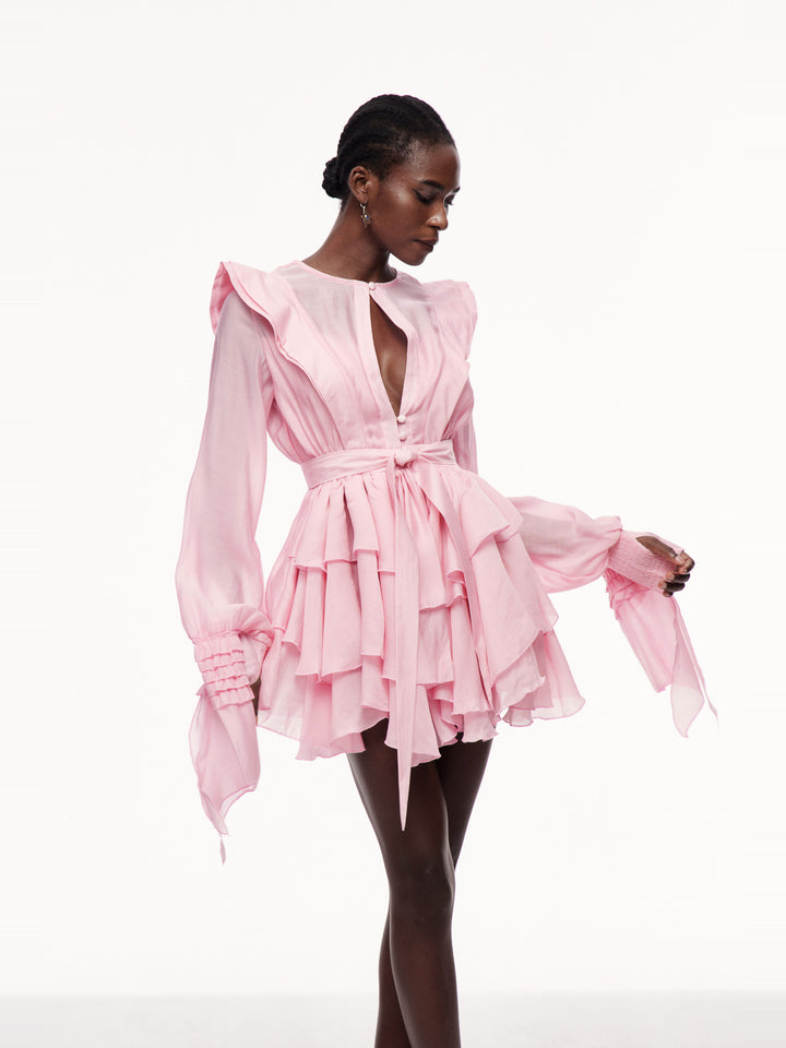 Celsus Uzun Kollu Fırfırlı Cut-out Mini Elbise - Pembe - Pembe detay 1